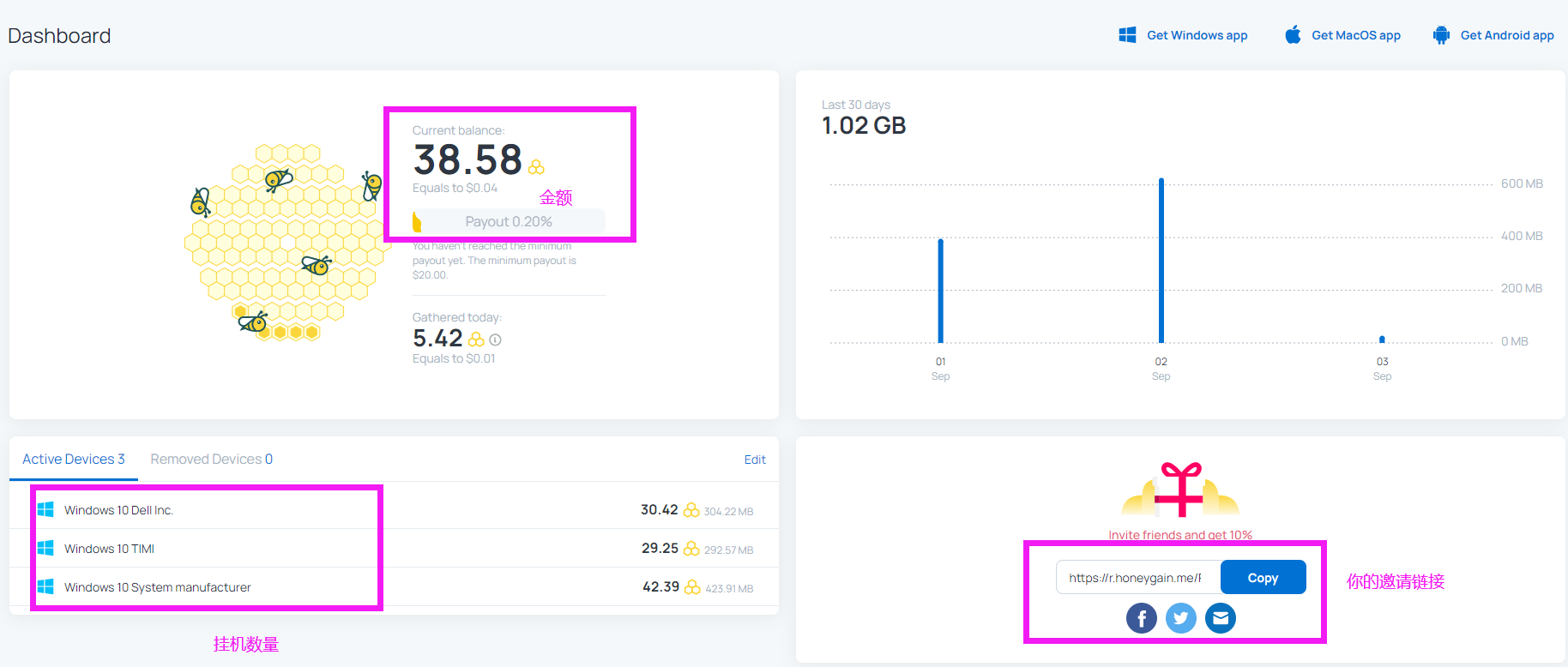介绍2个国外网赚项目,懒人挂机赚钱好方法 10 honeygain-dashboard